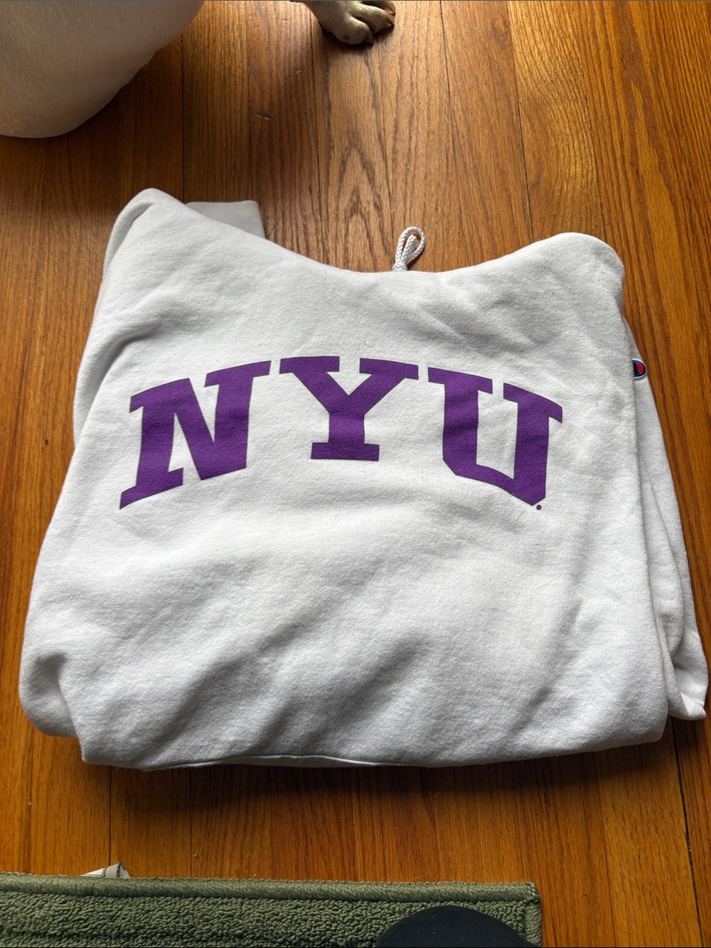 Champion White Crewneck Sweatshirt with Purple NYU Arch